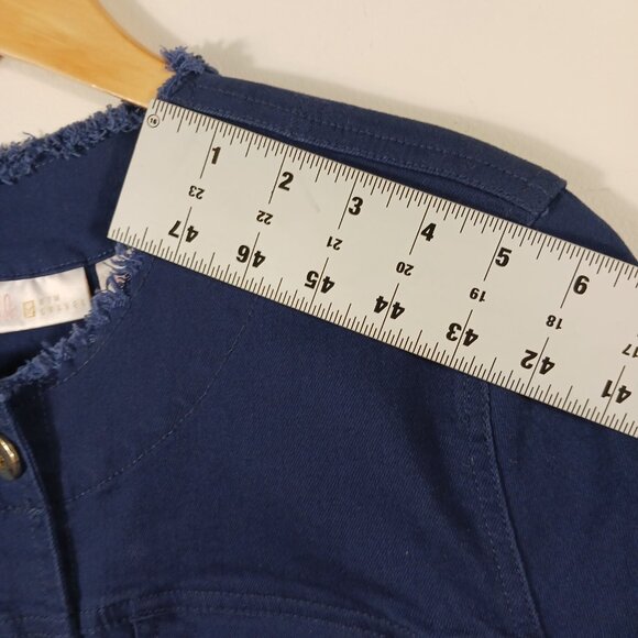 Kim Gravel, Belle, Medium Navy Denim Jacket with Gold Buttons and Frayed Trim - Picture 11 of 15